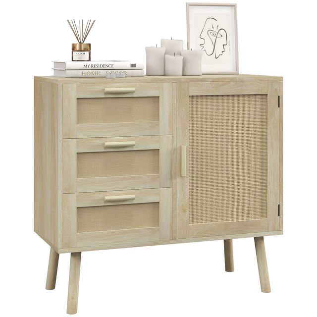 Offerta HOMCOM Mobile Multiuso Stile Boho con Armadietto e 3 Cassetti in Legno e Rattan