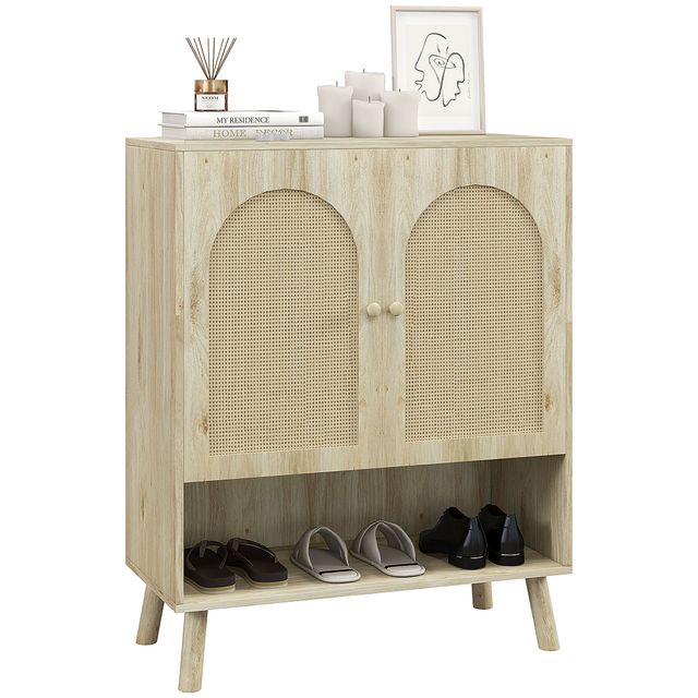 Offerta HOMCOM Mobile Multiuso in Stile Boho con Ante in Rattan e Ripiano Aperto