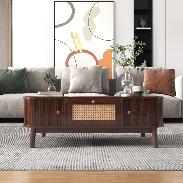 Offerta Tavolino da Salotto in Rattan con Cassetti e Ante in Listelli di Legno Massello