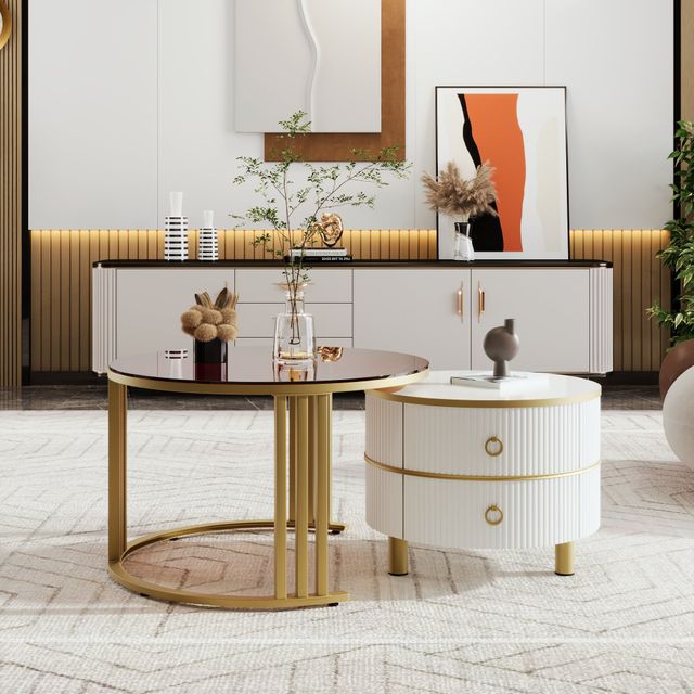 Offerta Tavolino 2-in-1 Rotondo in MDF con 1 Piano Bianco e 1 Piano Marrone in Vetro Temperato