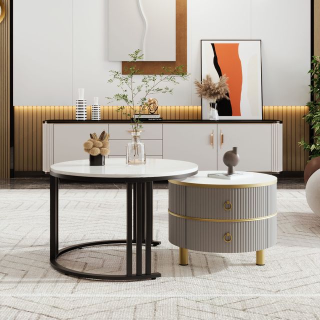 Offerta Tavolino 2-in-1 in MDF con Piano Lucido e Piano in Marmo Bianco