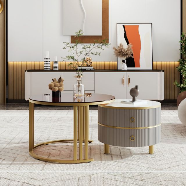 Offerta Tavolino 2-in-1 in MDF con Piano Lucido e Piano in Vetro Temperato Marrone