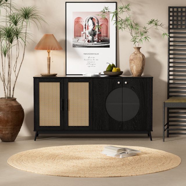 Offerta Credenza con Porte in Vetro di Rattan e Porta Semirotonda