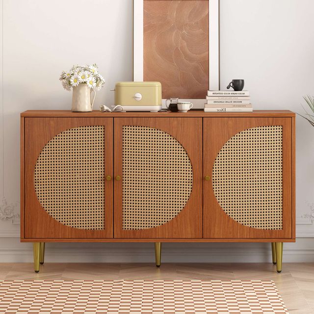 Offerta Credenza Moderna con 3 Porte in Rattan e Maniglie in Metallo