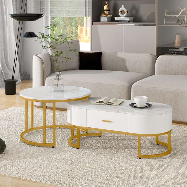 Offerta Set di 2 Tavolini da Salotto Moderni con Struttura in Metallo Dorato e Ripiani Spaziosi