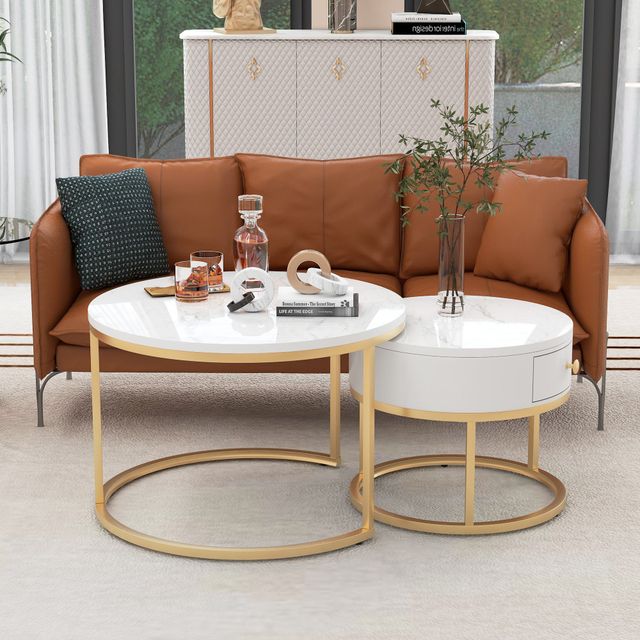 Offerta Set 2 Tavolini da Salotto Moderni Annidati con Effetto Marmo Lucido