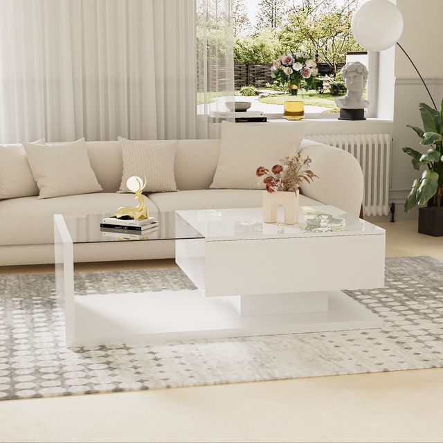 Offerta Tavolino da Salotto Moderno con Ripiano in Vetro e Effetti LED