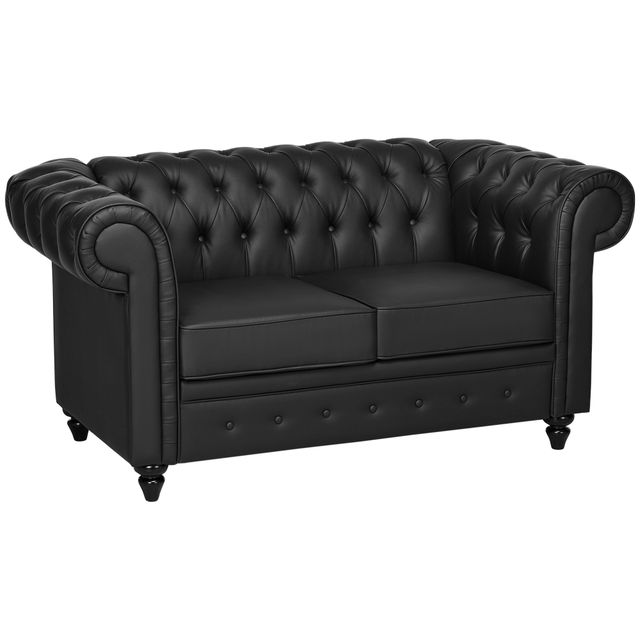 Offerta HOMCOM Moderno Divano Due Posti Stile Chesterfield in Ecopelle Nero con Gambe in Legno e Struttura Solida