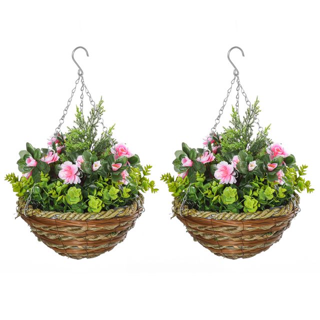 Offerta Outsunny Set di 2 Piante Finte Lisianthus da Appendere per Interno ed Esterno con Vaso in Vimini e Catenelle
