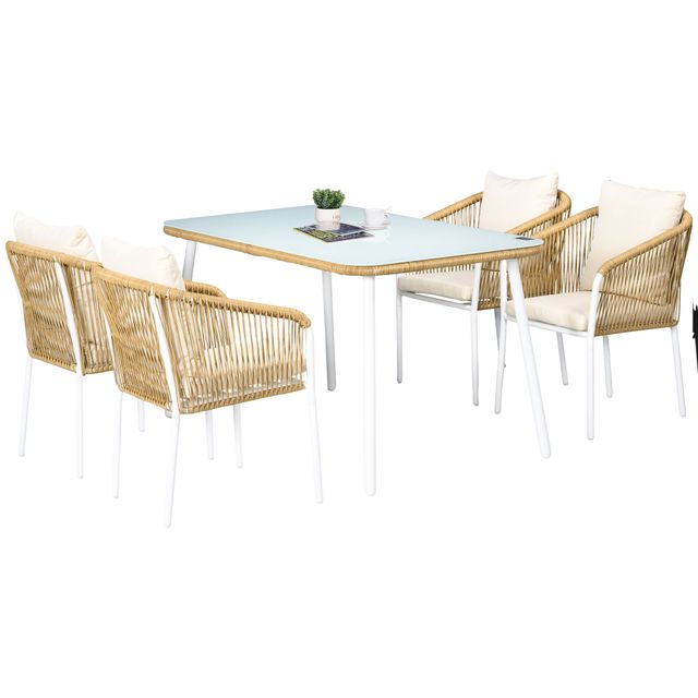 Offerta Outsunny Set da Giardino in Rattan PE e Alluminio con Tavolo in Vetro e 4 Sedie Impilabili