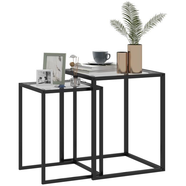 Offerta HOMCOM Set di 2 Tavolini Moderni Sovrapponibili Salvaspazio in Acciaio e Vetro Temperato