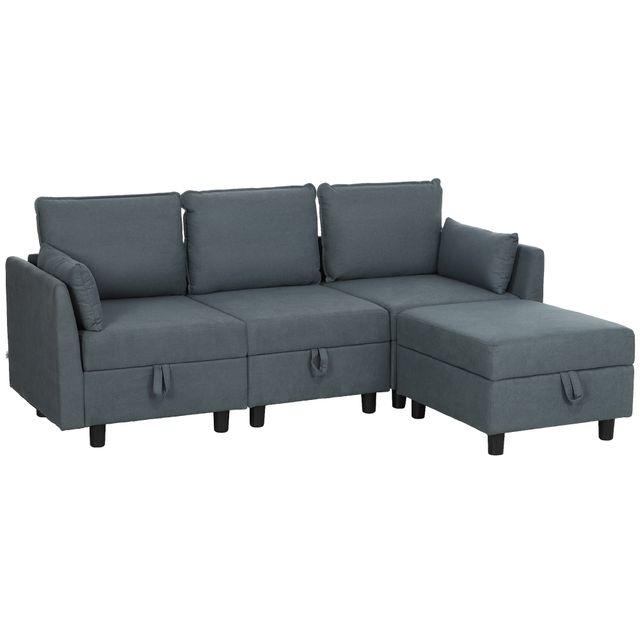 Offerta HOMCOM Divano Componibile Modulare 3 Posti con Pouf Poggiapiedi e Cuscini