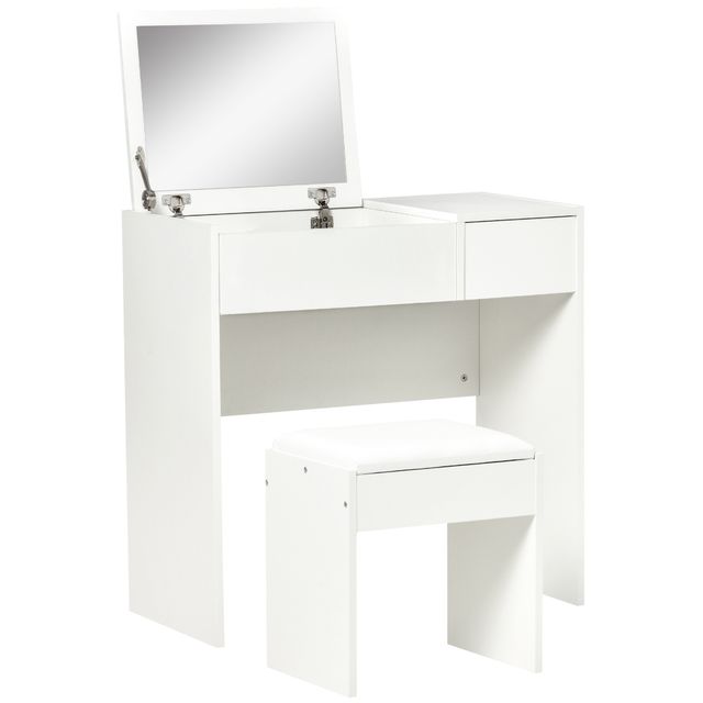 Offerta HOMCOM Mobile Toeletta con Specchio a Scomparsa e Sgabello Elegante Tavolo Consolle con Cassetto Design Moderno Bianco 80x40x79cm Aosom