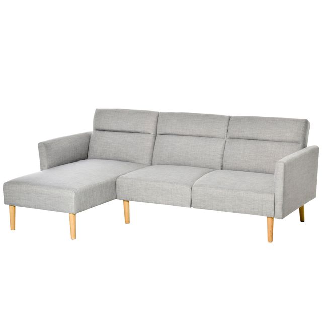 Offerta HOMCOM Divano Letto con Penisola in Tessuto Effetto Lino 3 Posti con Schienale Reclinabile e Gambe in Legno