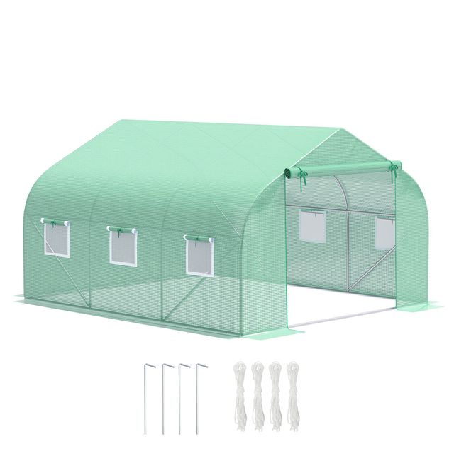 Offerta Outsunny Serra da Giardino 3.5 x 3 x 2m Serra con Tetto a Spiovente in PE per Piante Verde Aosom