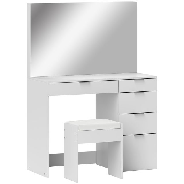 Offerta HOMCOM Set Tavolo da Trucco con Specchio e 5 Cassetti 97.2x44.5x136.5 cm e Sgabello Imbottito 40x24x46 cm