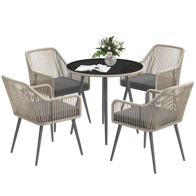 Offerta Outsunny Set da Giardino 5 Pezzi in Rattan e Acciaio con 4 Sedie da Esterno e Tavolo Rotondo con Foro