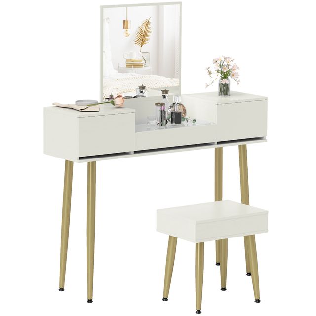 Offerta HOMCOM Set Tavolo da Trucco con 3 Cassetti e Specchio con Sgabello da Trucco Portaoggetti