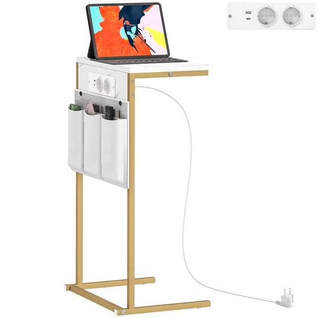 Offerta HOMCOM Tavolino da Salotto a Forma di C Effetto Marmo con Prese di Corrente e USB Integrate