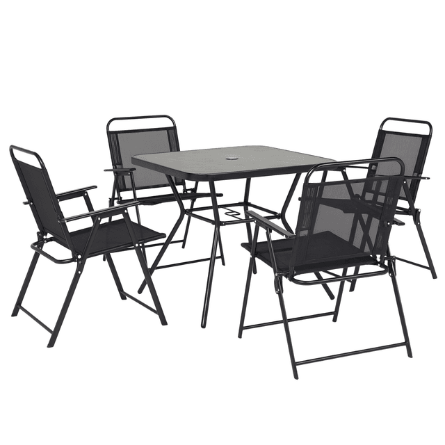 Offerta Outsunny Set da Giardino con 4 Sedie Pieghevoli con Braccioli e Tavolo con Foro per Ombrellone
