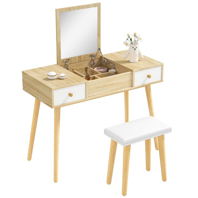 Offerta HOMCOM Set da toletta con specchio ribaltato sgabello imbottito 2 cassetti 5 vani di stoccaggio per casa bianco