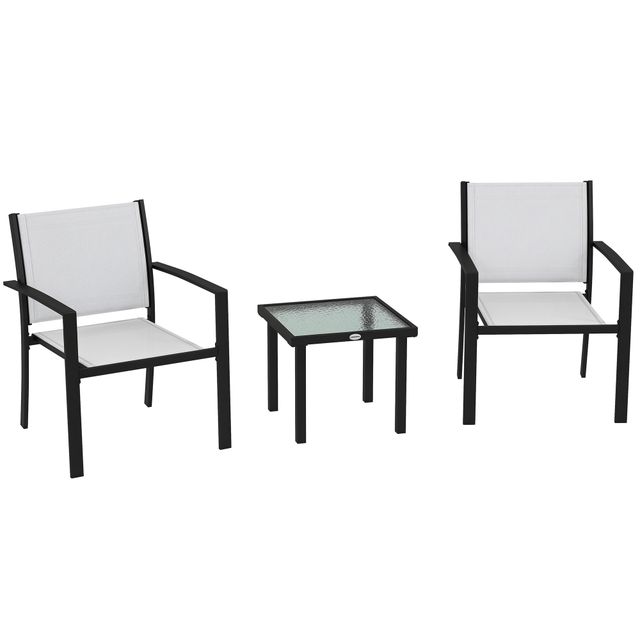 Offerta Outsunny Set da Giardino con Tavolino in Vetro e 2 Sedie Impilabili in Tessuto a Rete