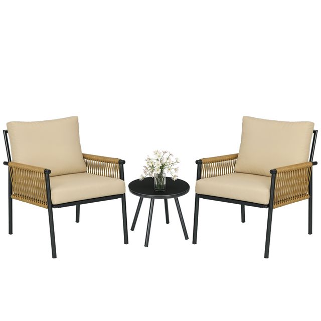 Offerta Outsunny Set da Giardino in Rattan con 2 Poltroncine con Cuscini e Tavolino Rotondo in Vetro