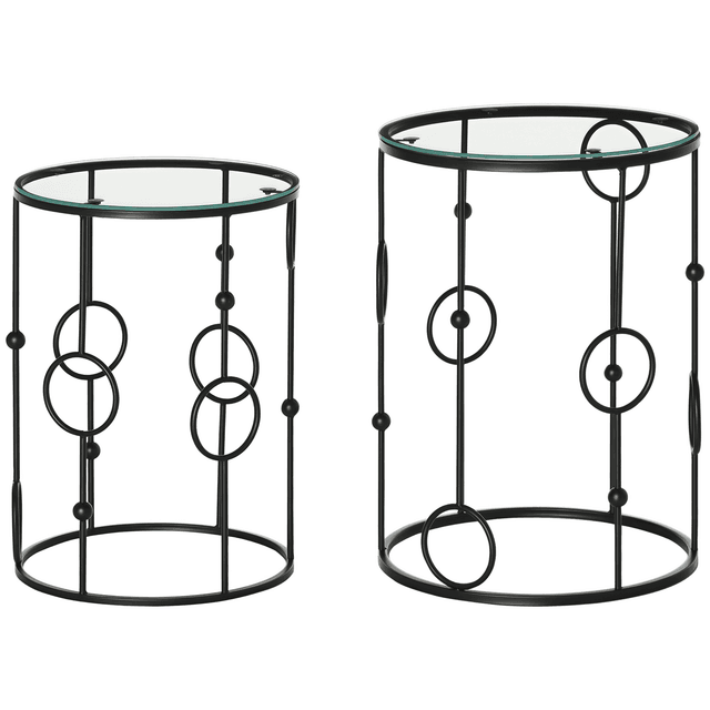 Offerta HOMCOM Set di 2 Tavolini da Caffè Impilabili in Metallo e Vetro Temperato Ø41x57cm e Ø36x51cm
