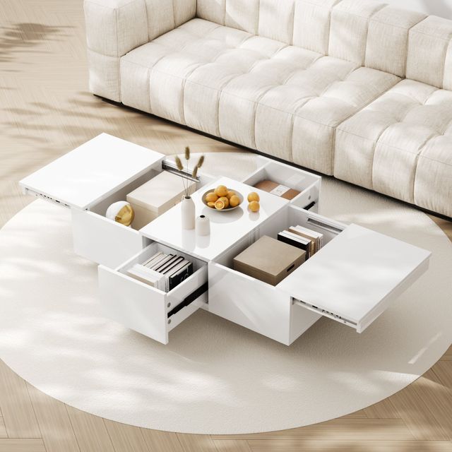Offerta Tavolino da Salotto Lucido Bianco con Struttura Portaoggetti Push-Pull e Doppio Cassetto