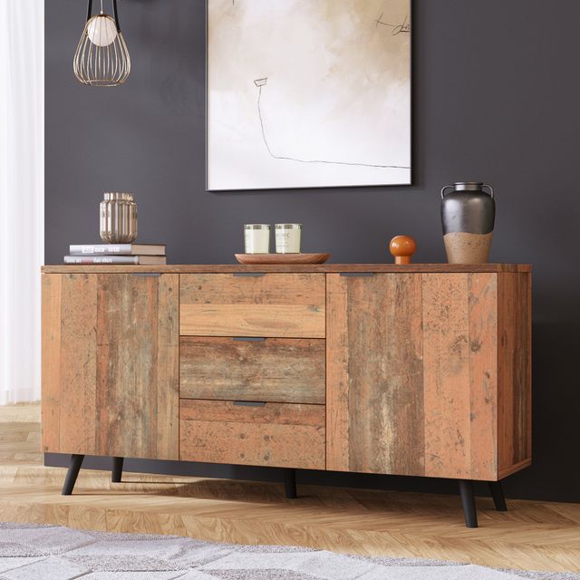 Offerta Credenza Vintage in Legno Marrone con 3 Cassetti e Ripiani Regolabili per Soggiorno e Sala da Pranzo