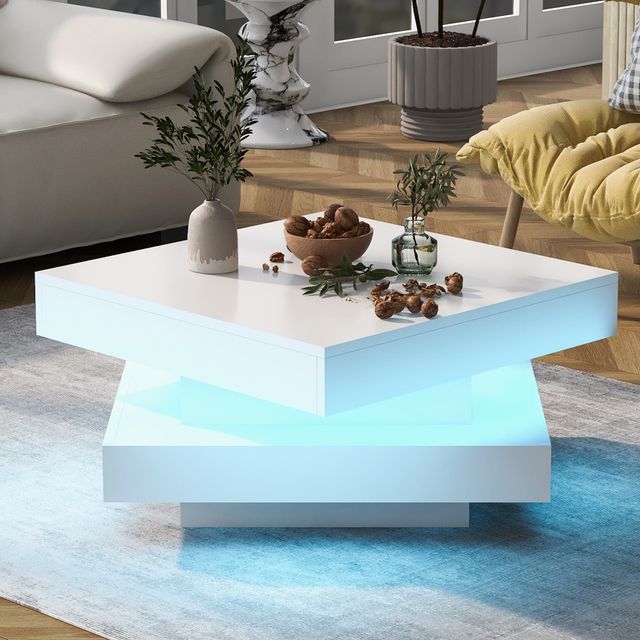 Offerta Tavolino da Salotto Moderno Quadrato Lucido con Piatto Rotante a 360° e Illuminazione LED a 16 Colori