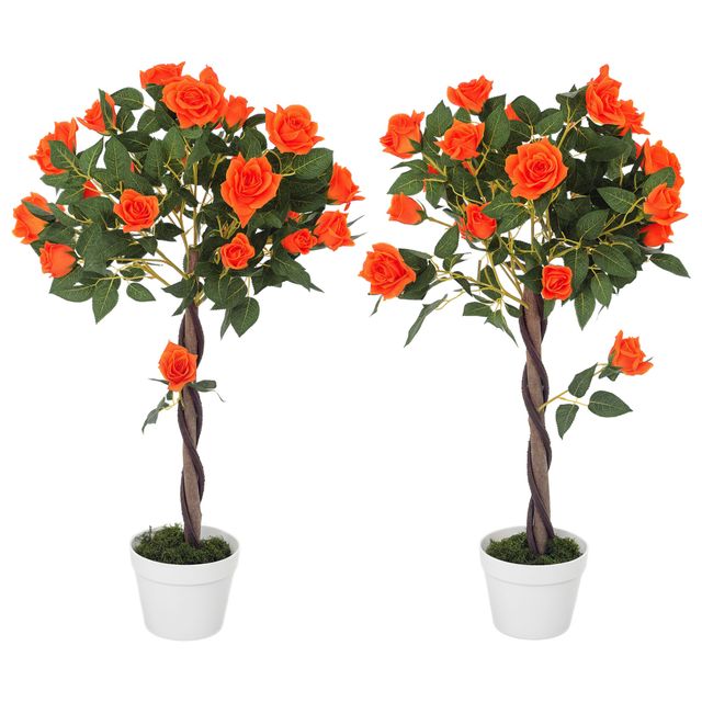Offerta Outsunny Pianta Finta di Camelia da 21 Fiori con Vaso Riempito in Cemento e Muschio
