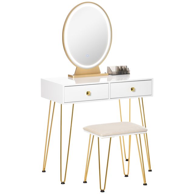 Offerta HOMCOM Specchiera Trucco Luci a LED Regolabili in Stile Industriale Tavolo per Trucco con Sgabello Mobile Toeletta Bianco